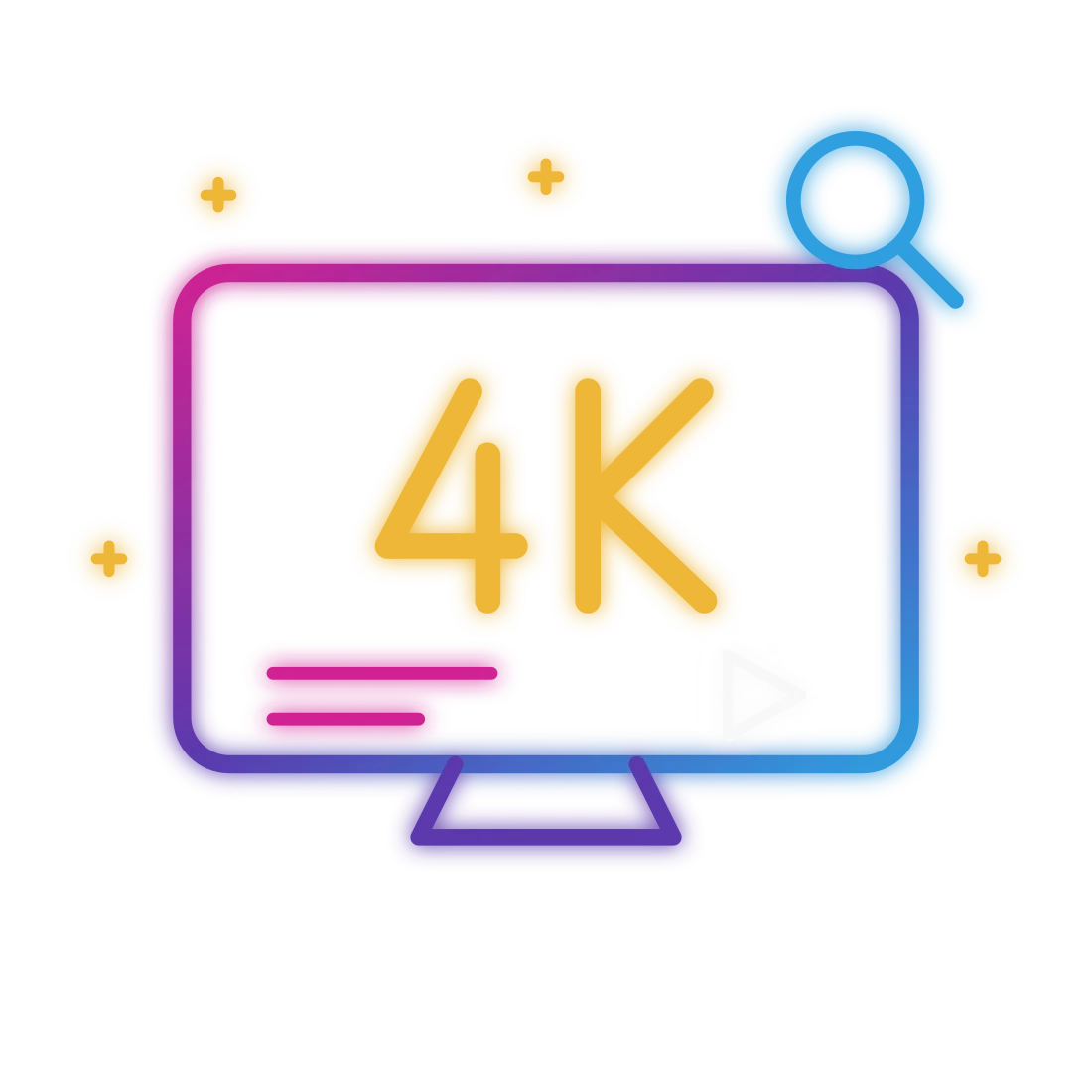 Neon illustration of a 4K screen with a search icon and a play button