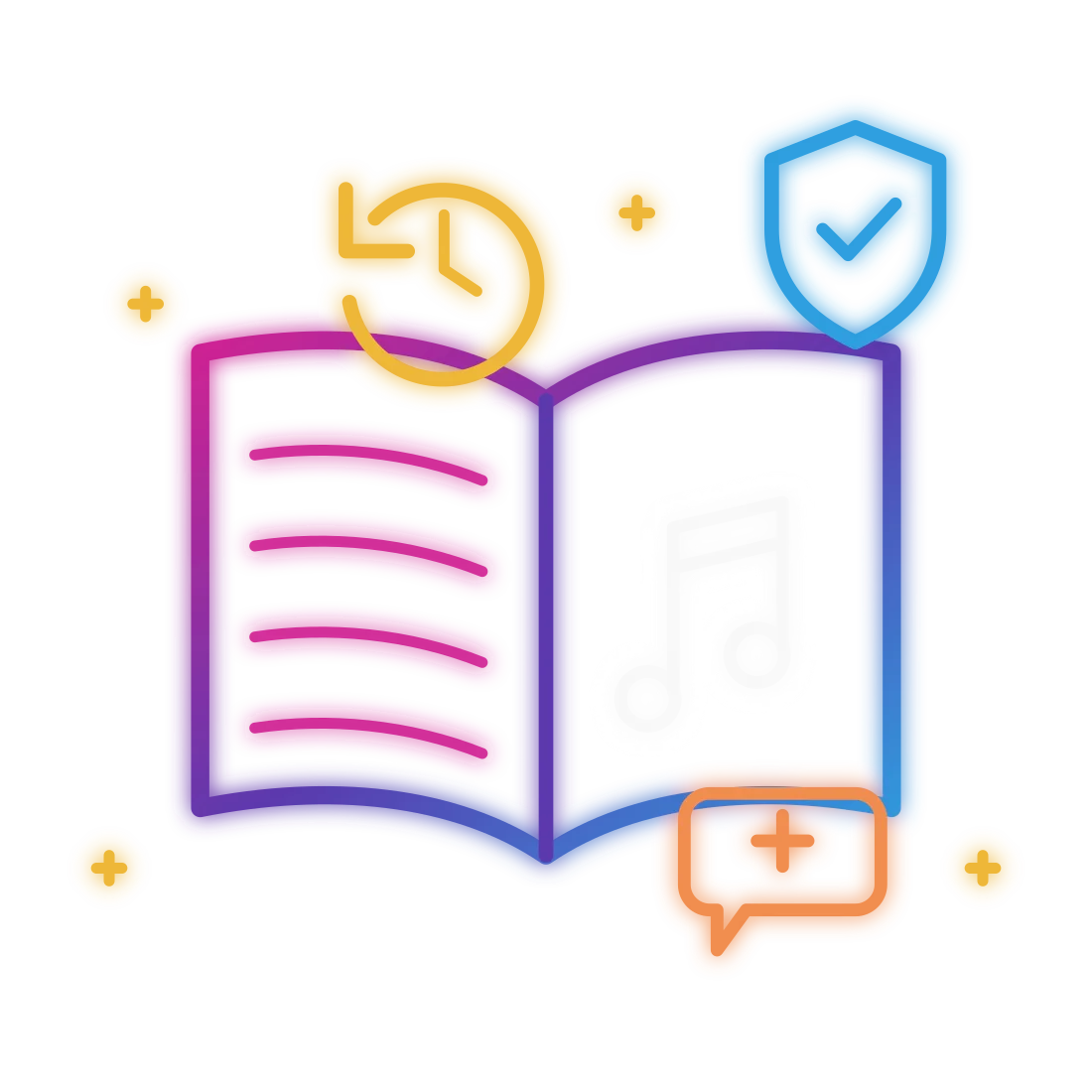 Neon illustration of an open songbook with a weekly-update clock, a licensed shield and a suggestion bubble