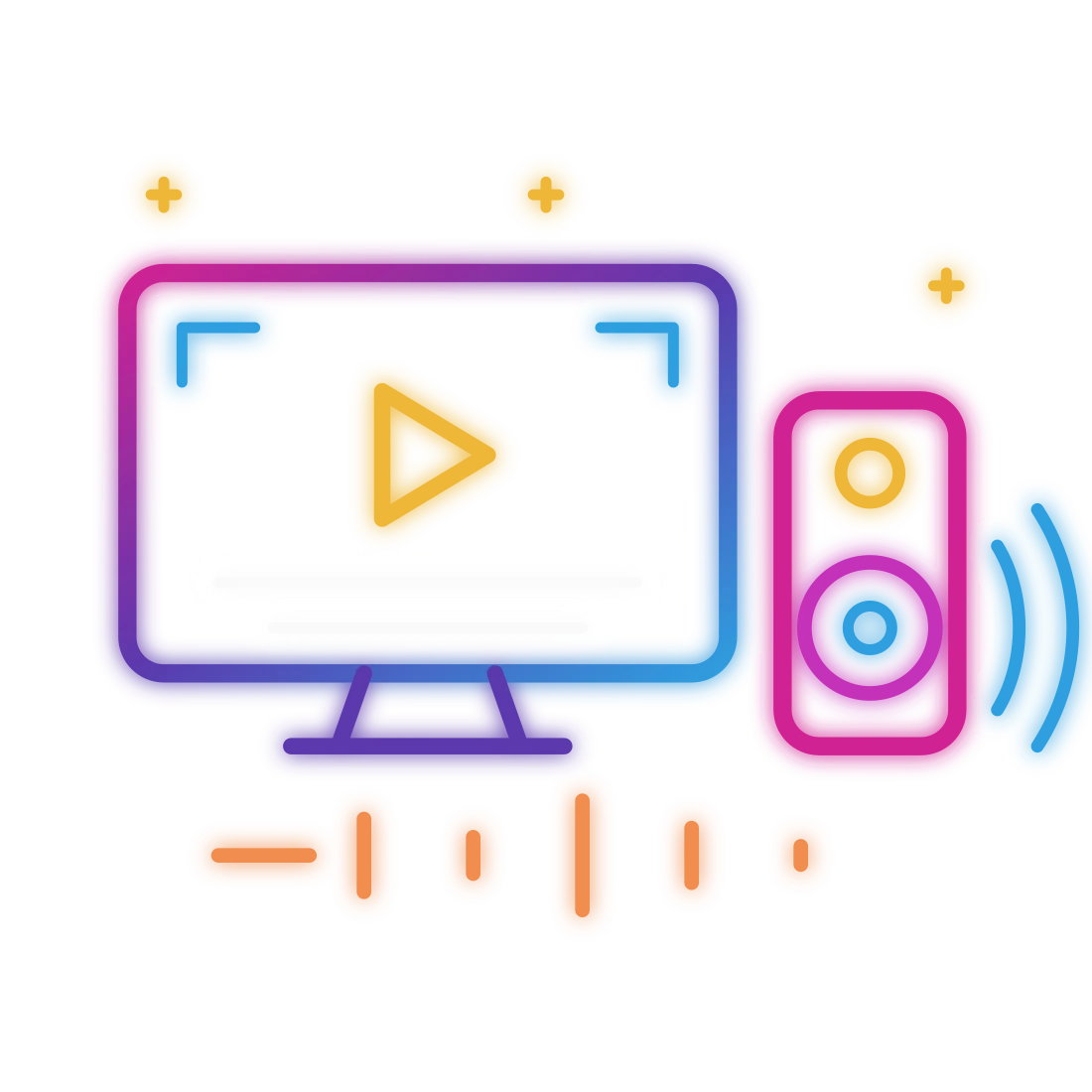 Neon illustration of a big screen and a speaker with sound waves